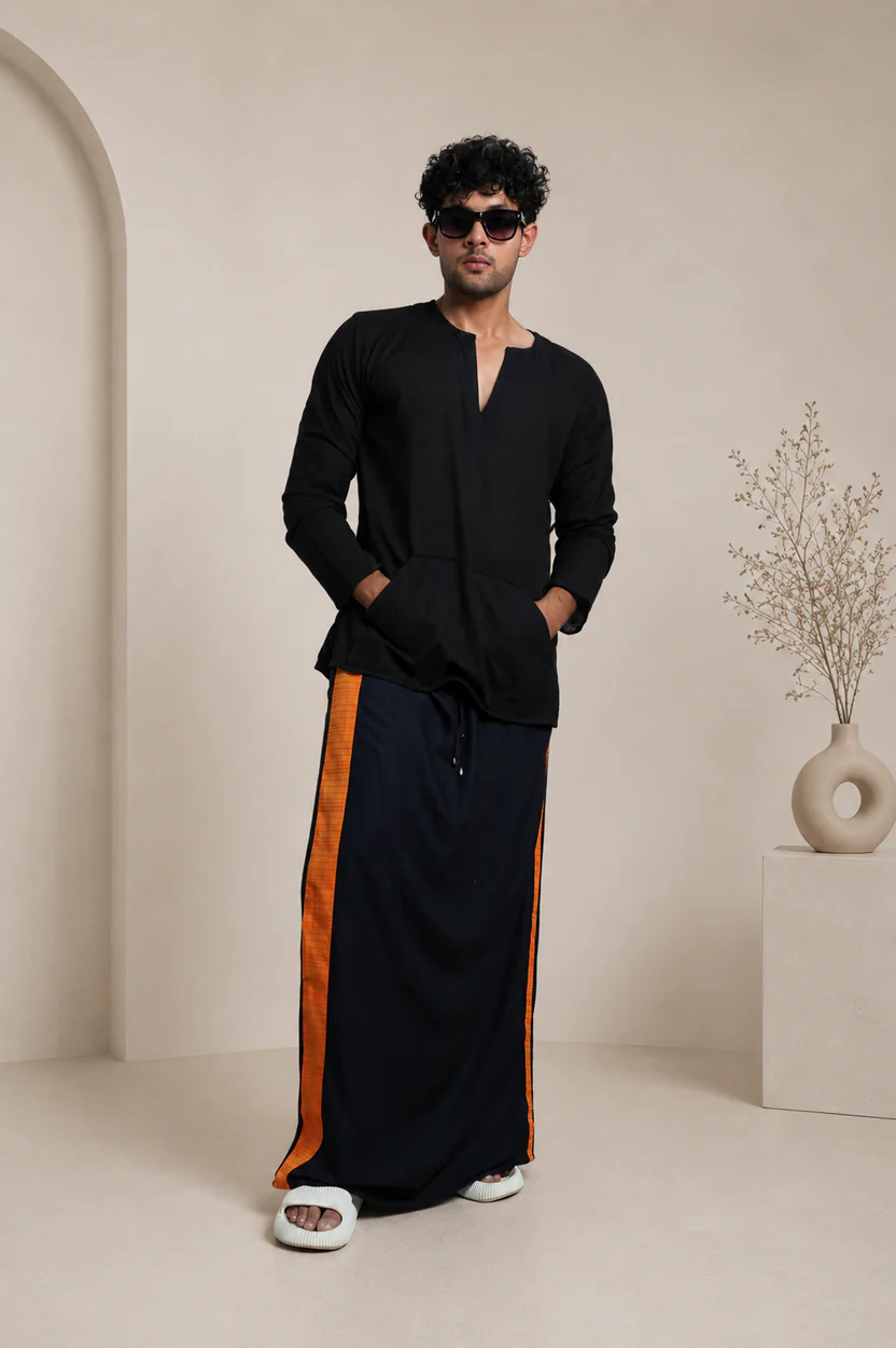 Men Black Colour Pajamalungi With Yellow Colour Textured Stripe Panel