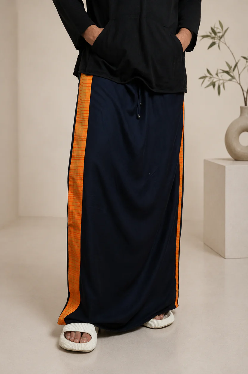 Men Black Colour Pajamalungi With Yellow Colour Textured Stripe Panel - Image 5