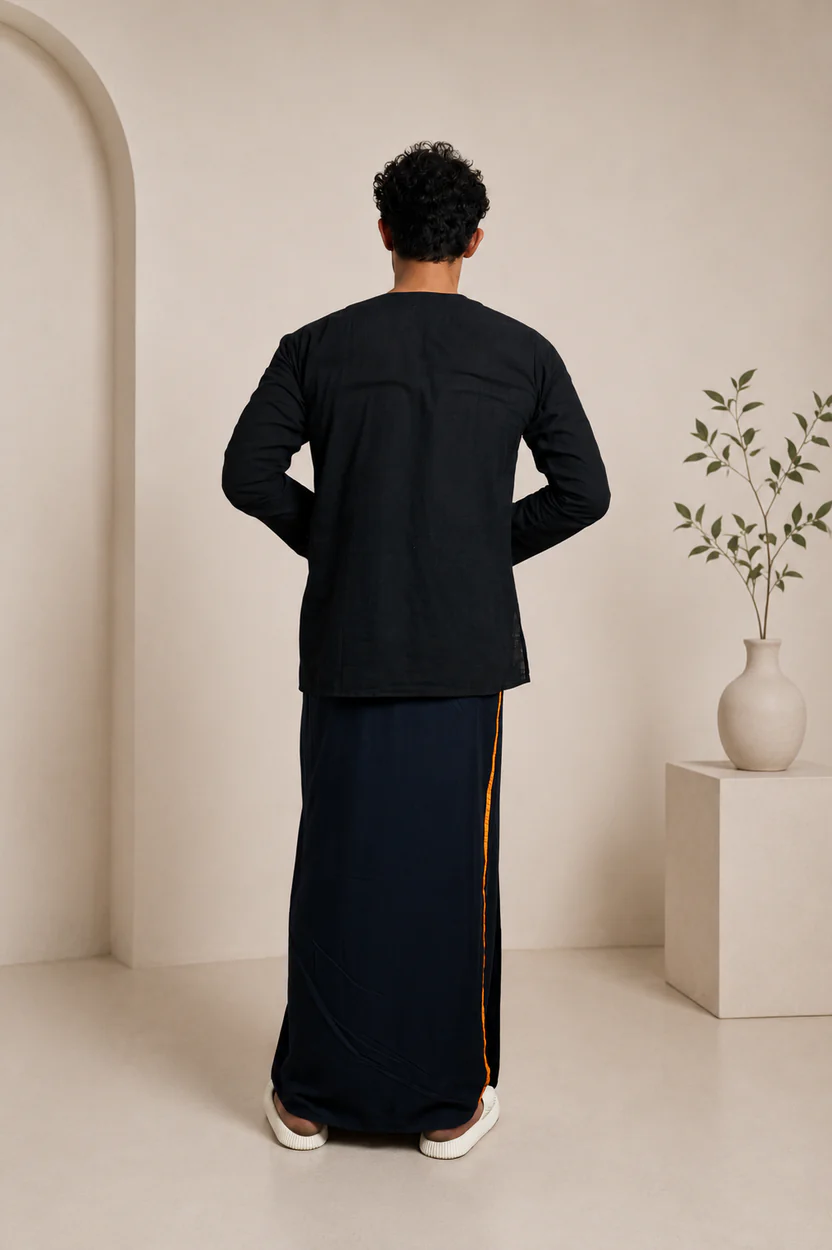 Men Black Colour Pajamalungi With Yellow Colour Textured Stripe Panel - Image 3