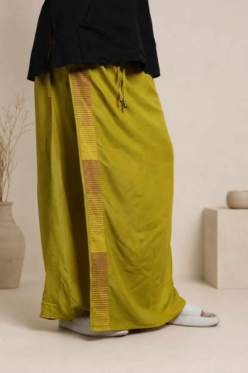 Men Yellow Steve Colour Pajamalungi With Brown & Yellow Colour Stripe Panel - Image 6
