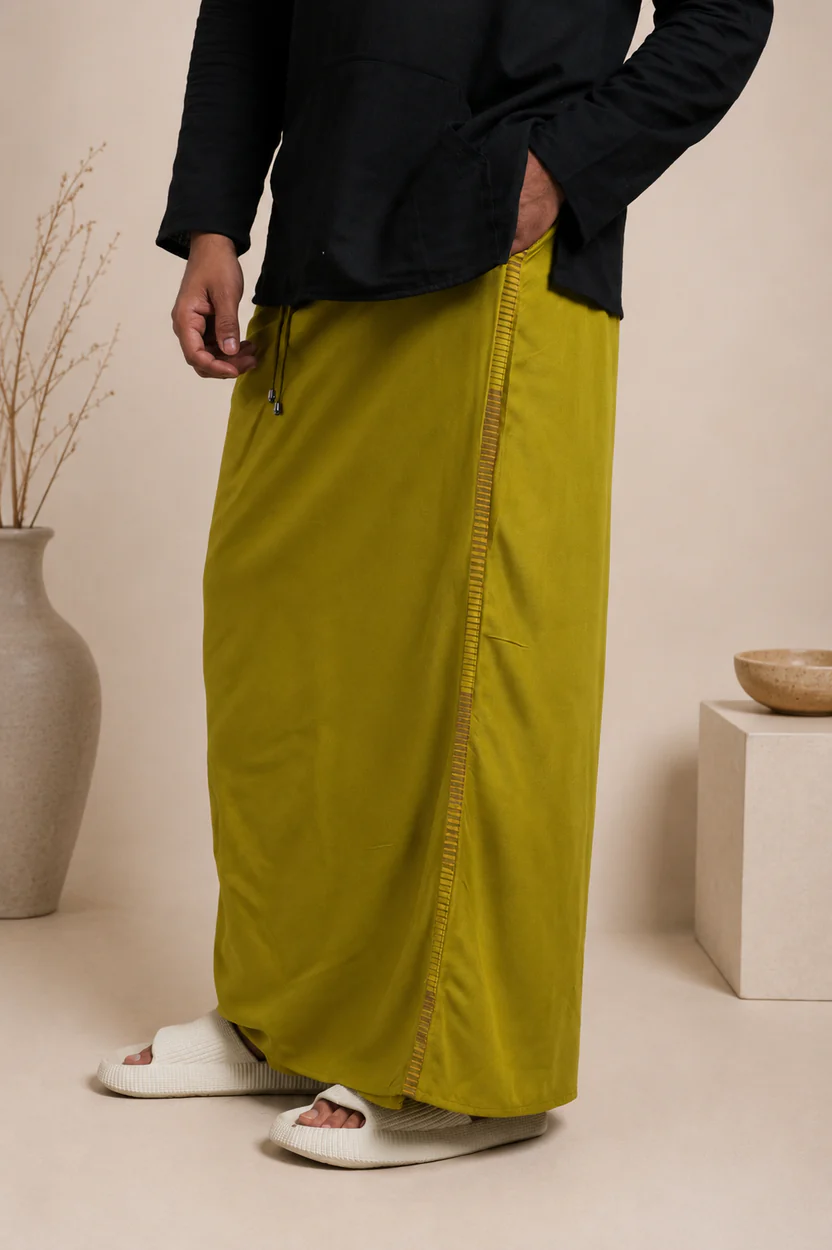 Men Yellow Steve Colour Pajamalungi With Brown & Yellow Colour Stripe Panel - Image 5