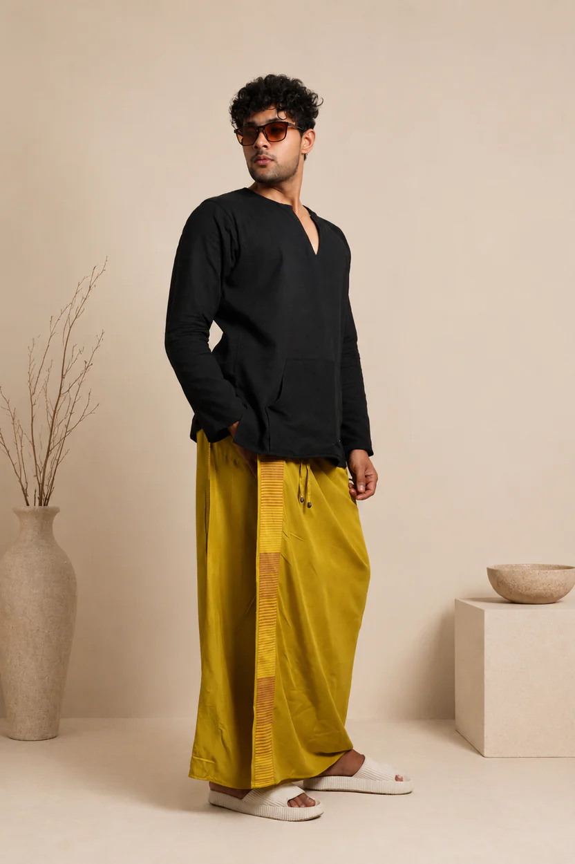 Men Yellow Steve Colour Pajamalungi With Brown & Yellow Colour Stripe Panel - Image 4