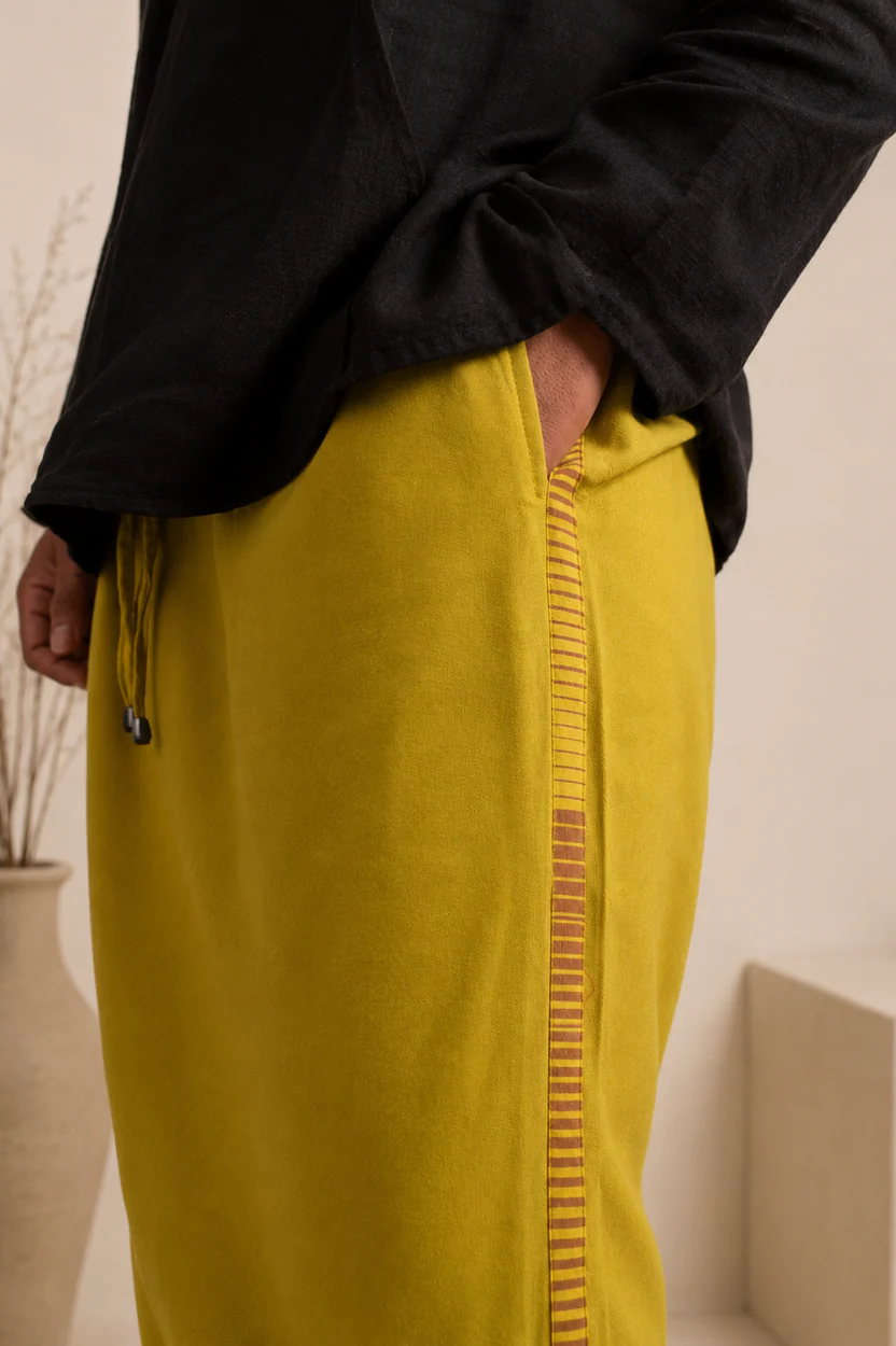 Men Yellow Steve Colour Pajamalungi With Brown & Yellow Colour Stripe Panel - Image 3