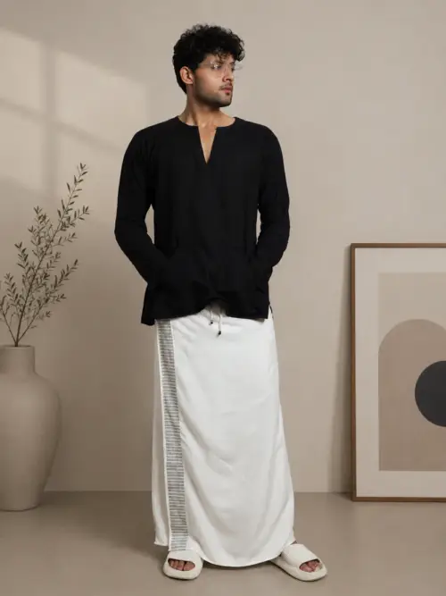 Men White Colour Pajamalungi With Stripe Design Panel