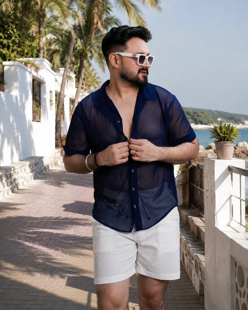 Men Navy Blue Colour Georgette Shirt - Image 5