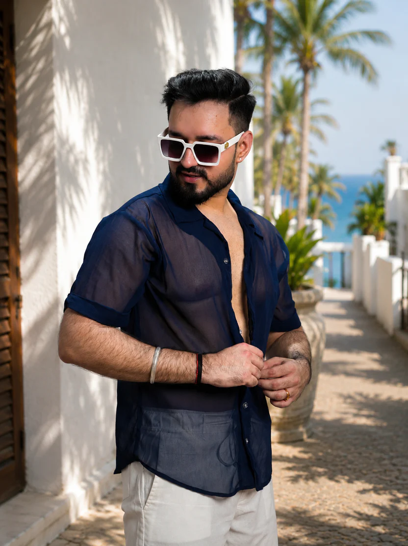 Men Navy Blue Colour Georgette Shirt - Image 6