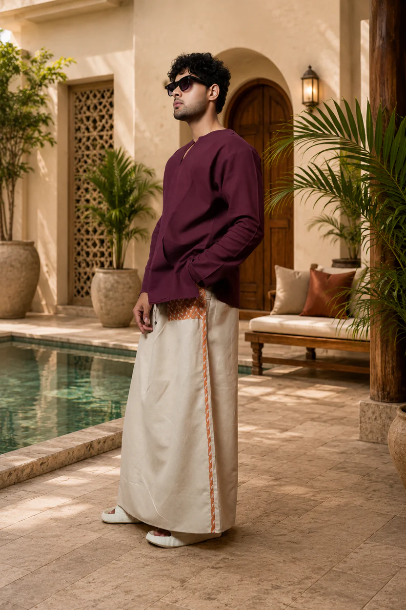 Men Beige Color Pajamalungi With Brown Embroidery 2 Panel - Image 3