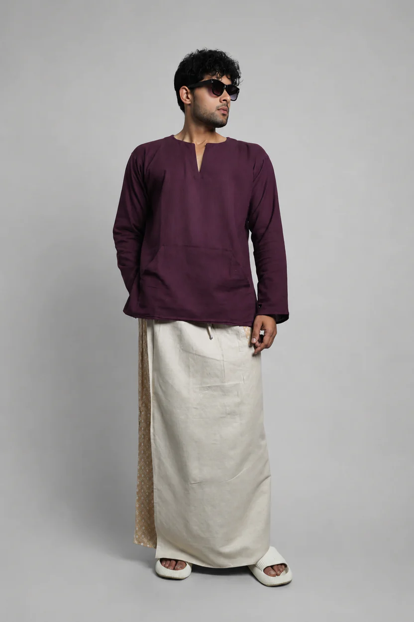 Men Beige Colour Pajamalungi With Beige Embroidery Panel - Image 4