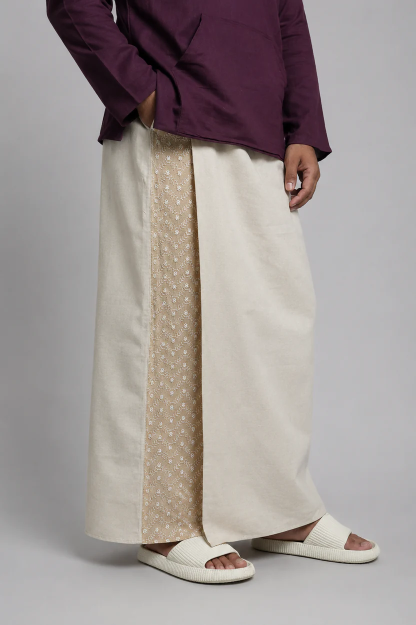 Men Beige Colour Pajamalungi With Beige Embroidery Panel - Image 6