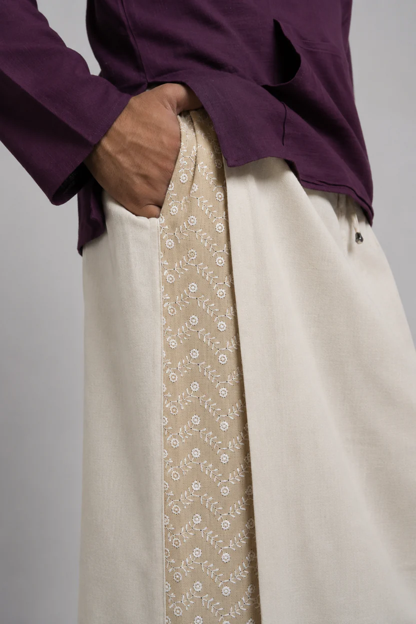 Men Beige Colour Pajamalungi With Beige Embroidery Panel - Image 5