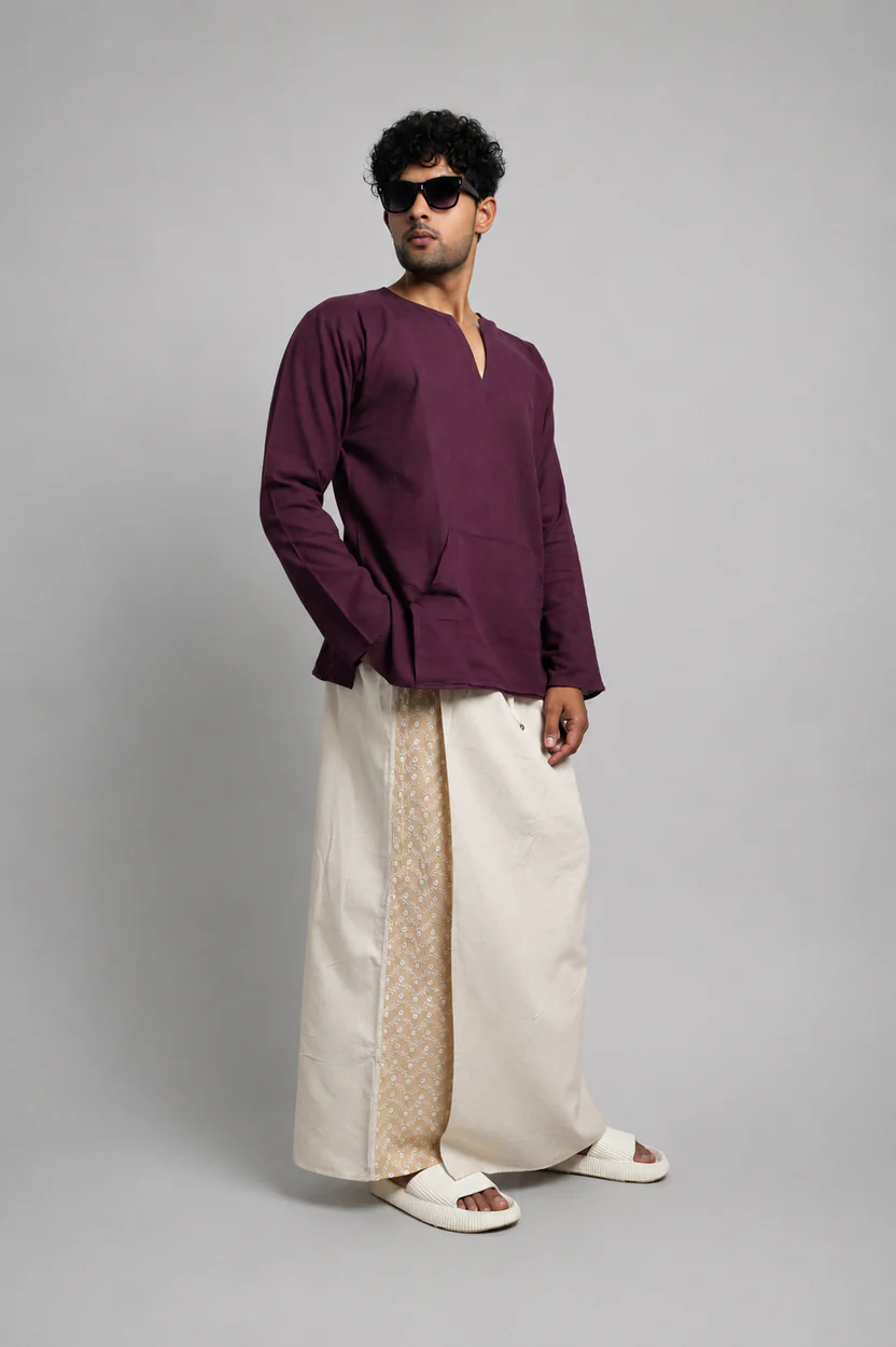 Men Beige Colour Pajamalungi With Beige Embroidery Panel - Image 2