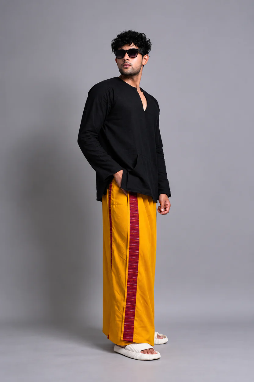 Men Musturd Yellow Colour Pajamalungi With Red Textured Stripe Panel - Image 3