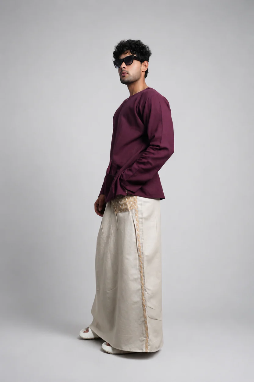 Men Beige Colour Pajamalungi With Beige Embroidery Panel - Image 3