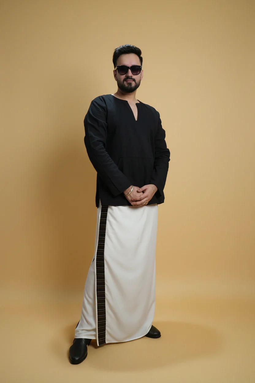 Men White Colour Pajamalungi With Black Stripe Panel - Image 2