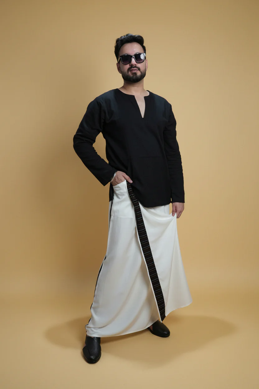 Men White Colour Pajamalungi With Black Stripe Panel - Image 6