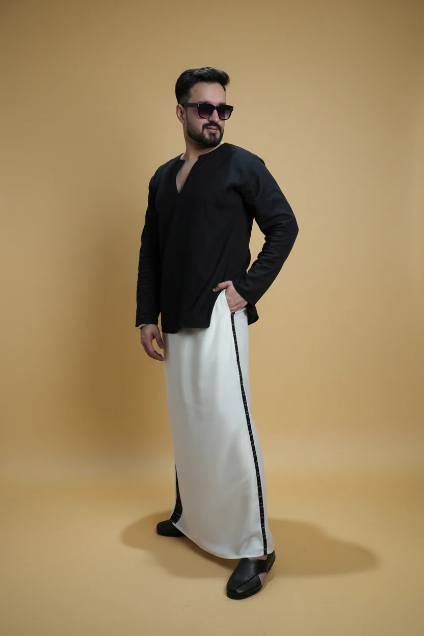 Men White Colour Pajamalungi With Black Stripe Panel - Image 7