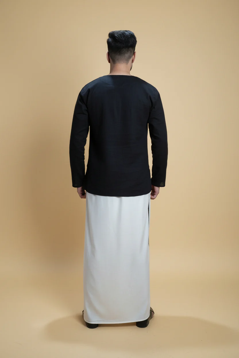 Men White Colour Pajamalungi With Black Stripe Panel - Image 8
