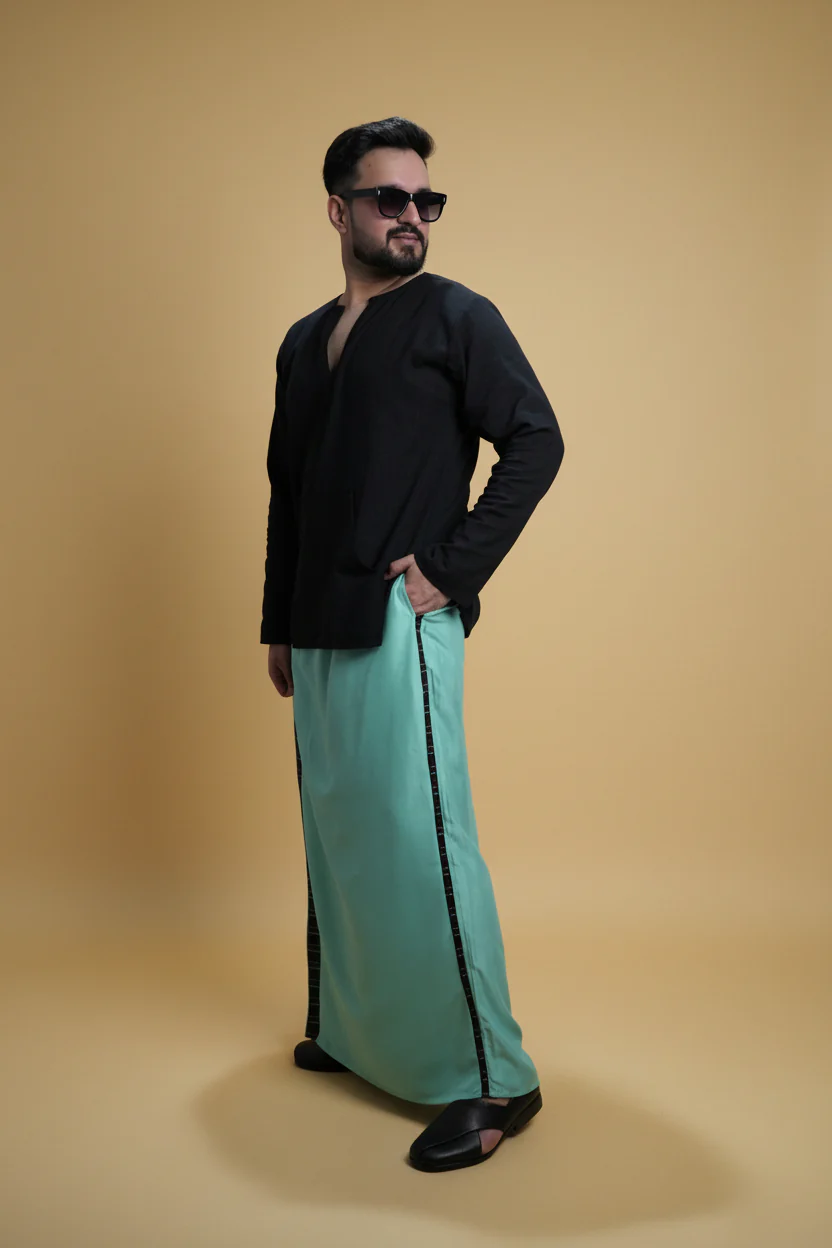 Men Ramagreen Colour Pajamalungi With Black Stripe Panel - Image 5