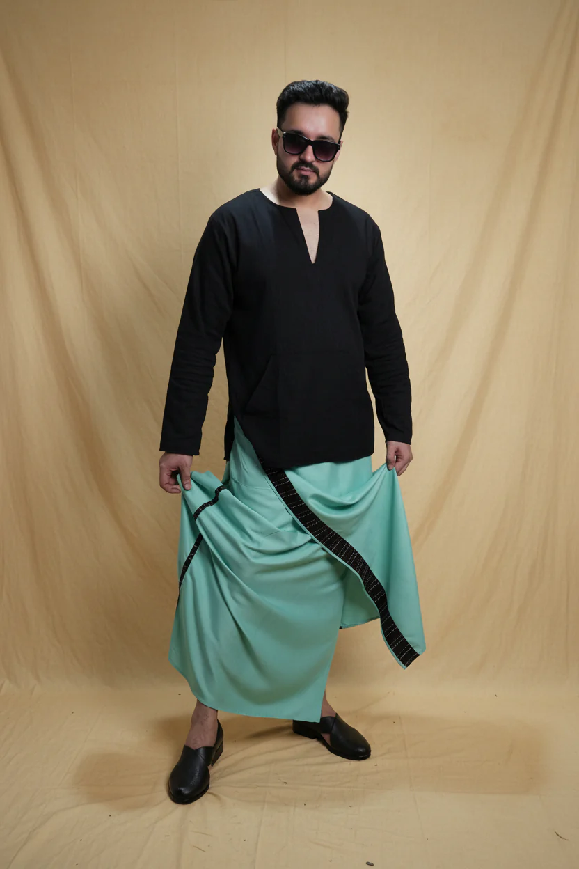 Men Ramagreen Colour Pajamalungi With Black Stripe Panel - Image 6