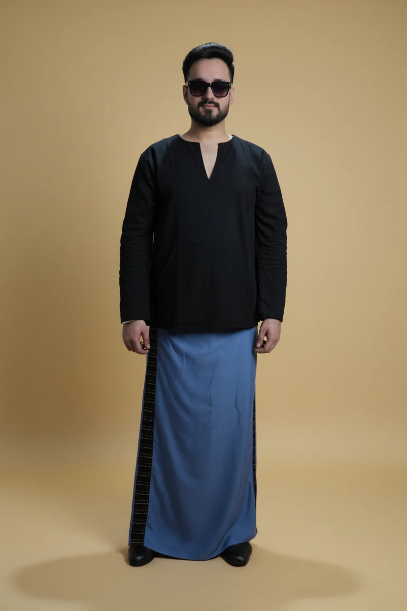 Men Grey Colour Pajamalungi With Black Stripe Panel - Image 2