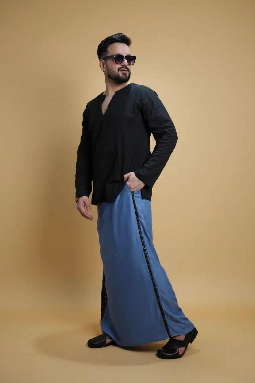 Men Grey Colour Pajamalungi With Black Stripe Panel - Image 4