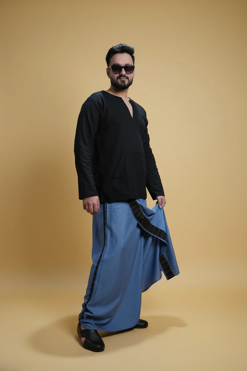 Men Grey Colour Pajamalungi With Black Stripe Panel - Image 6