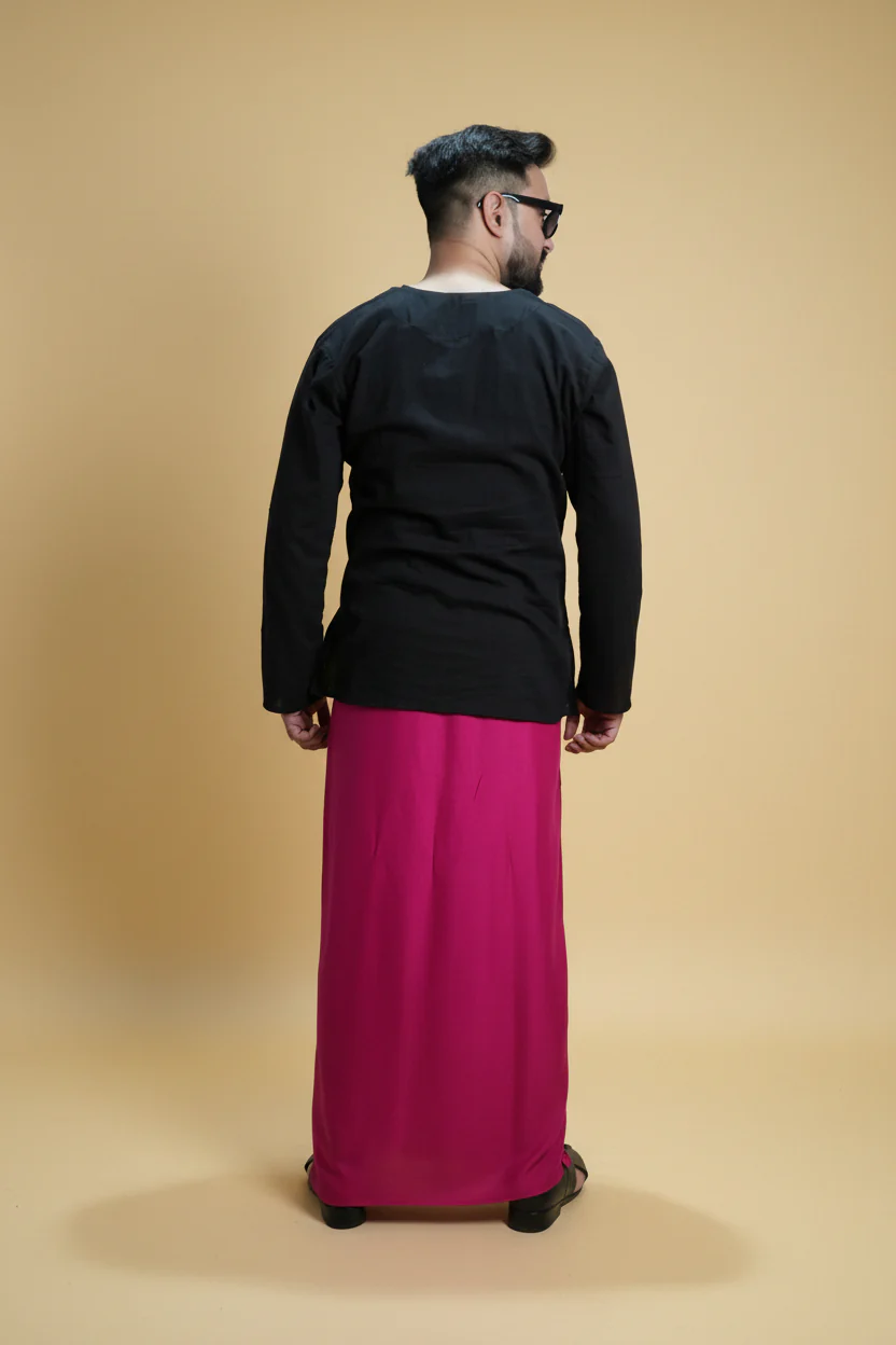 Men Pink Colour Pajamalungi With Black Stripe Panel - Image 6