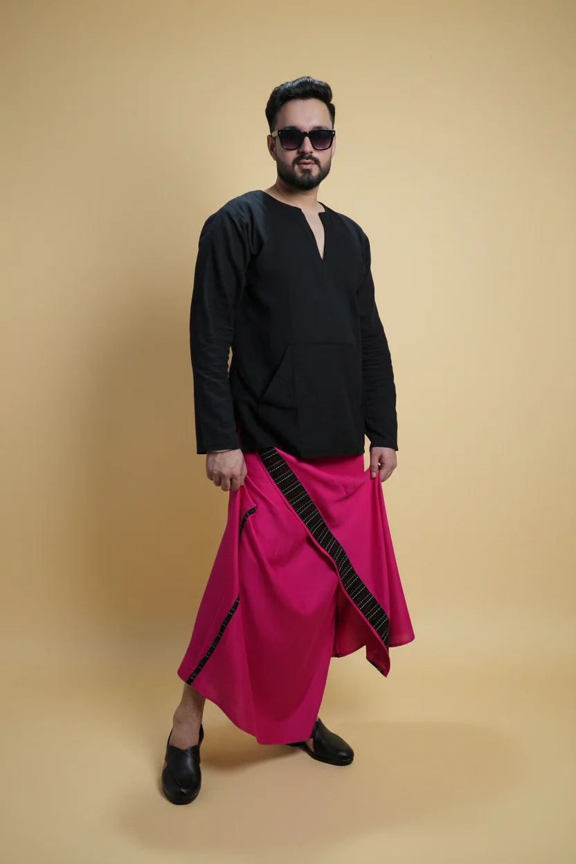 Men Pink Colour Pajamalungi With Black Stripe Panel - Image 2