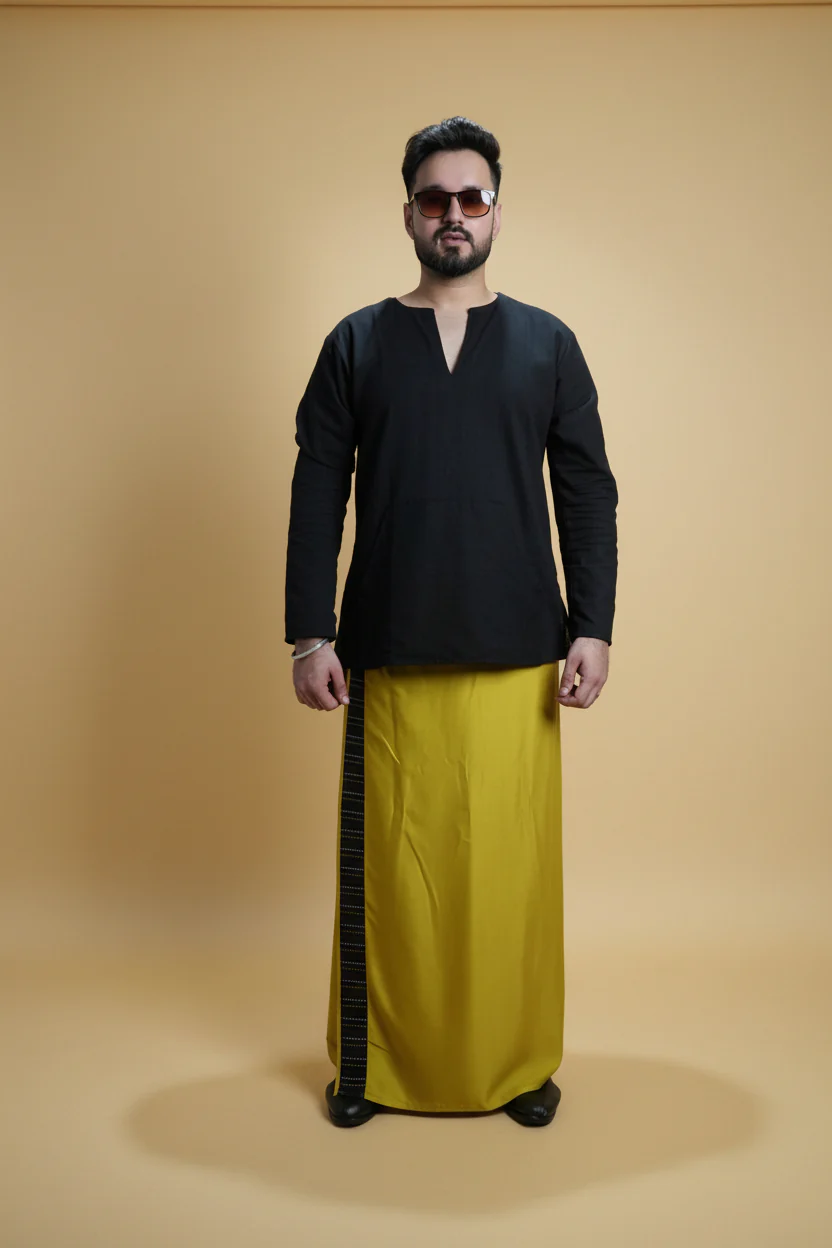 Men Yellow Steve Colour Pajamalungi With Black Stripe Panel - Image 8