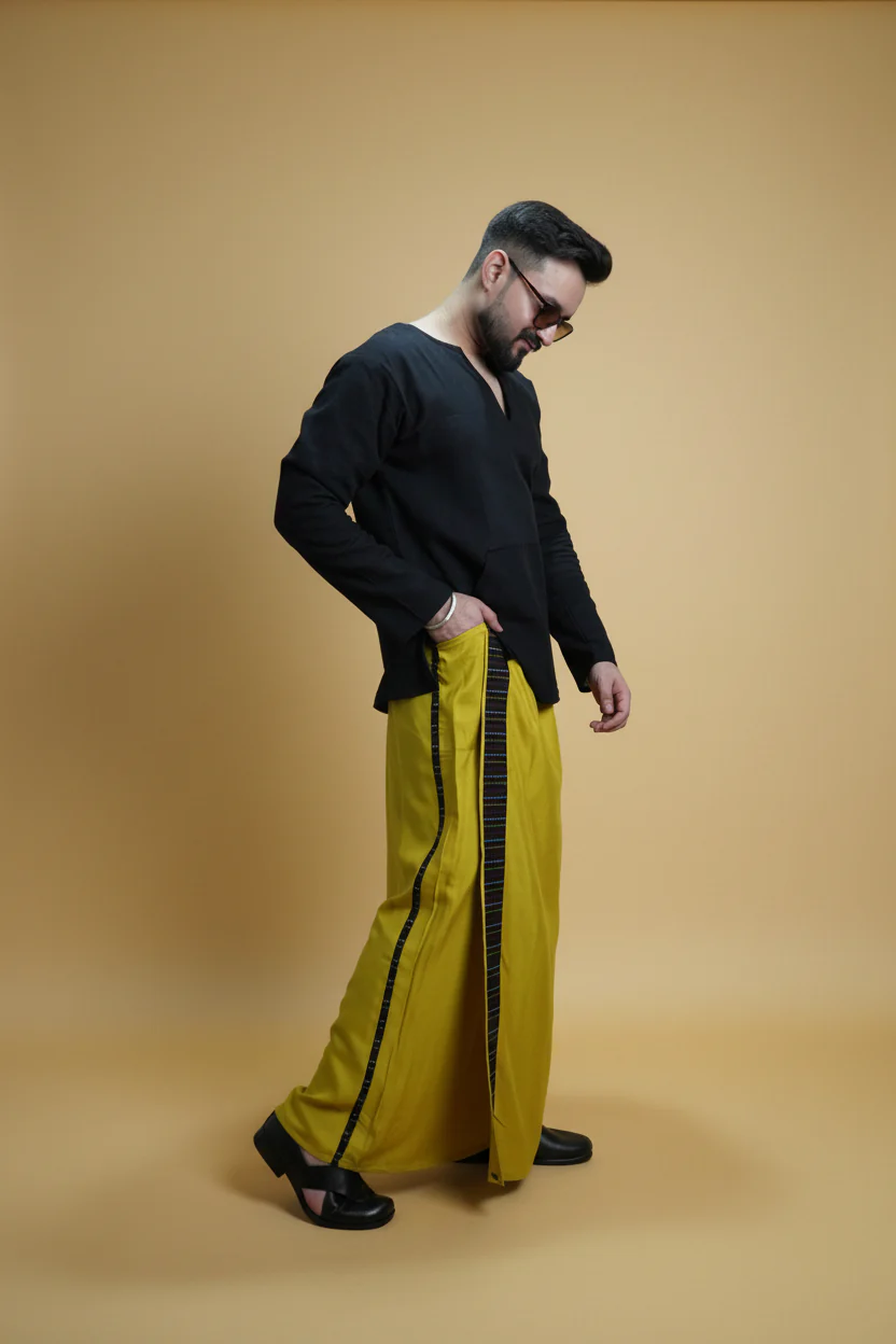 Men Yellow Steve Colour Pajamalungi With Black Stripe Panel - Image 7