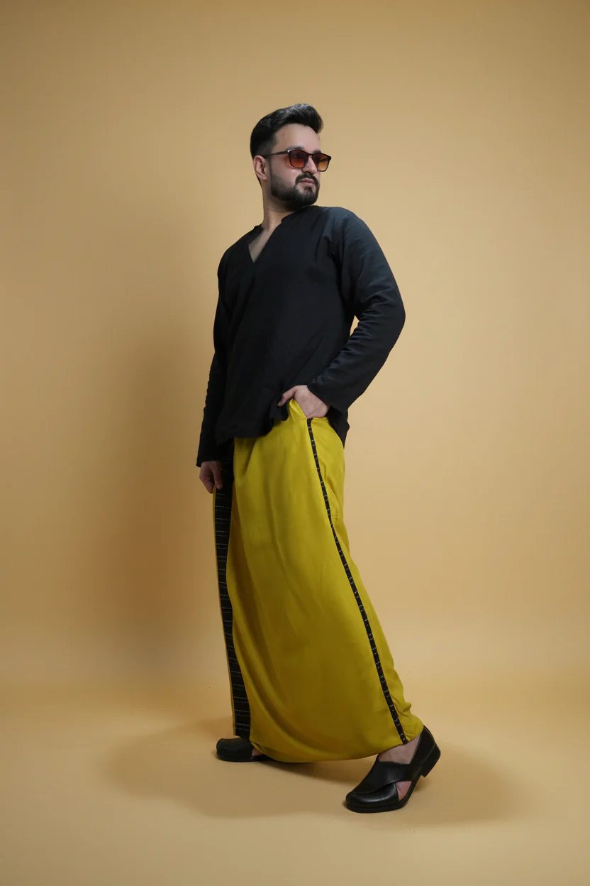 Men Yellow Steve Colour Pajamalungi With Black Stripe Panel - Image 6