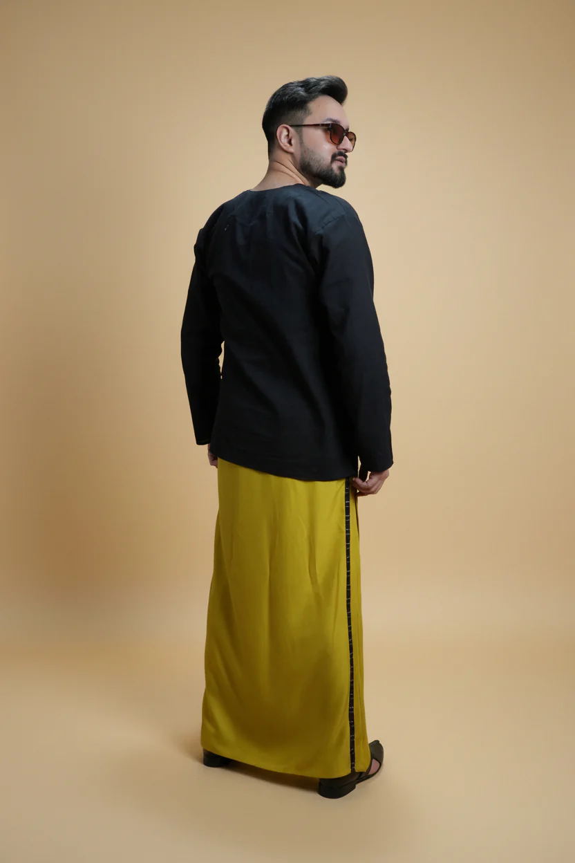Men Yellow Steve Colour Pajamalungi With Black Stripe Panel - Image 2