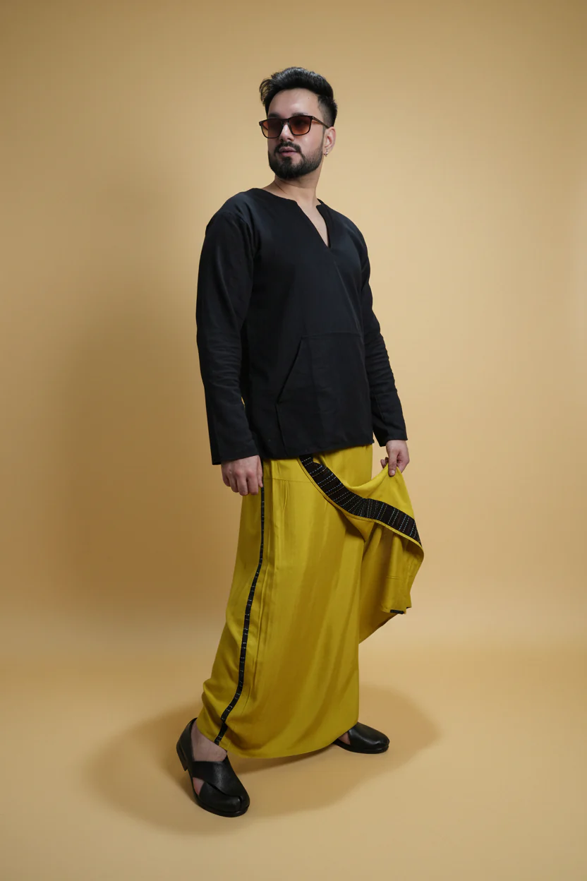 Men Yellow Steve Colour Pajamalungi With Black Stripe Panel - Image 5