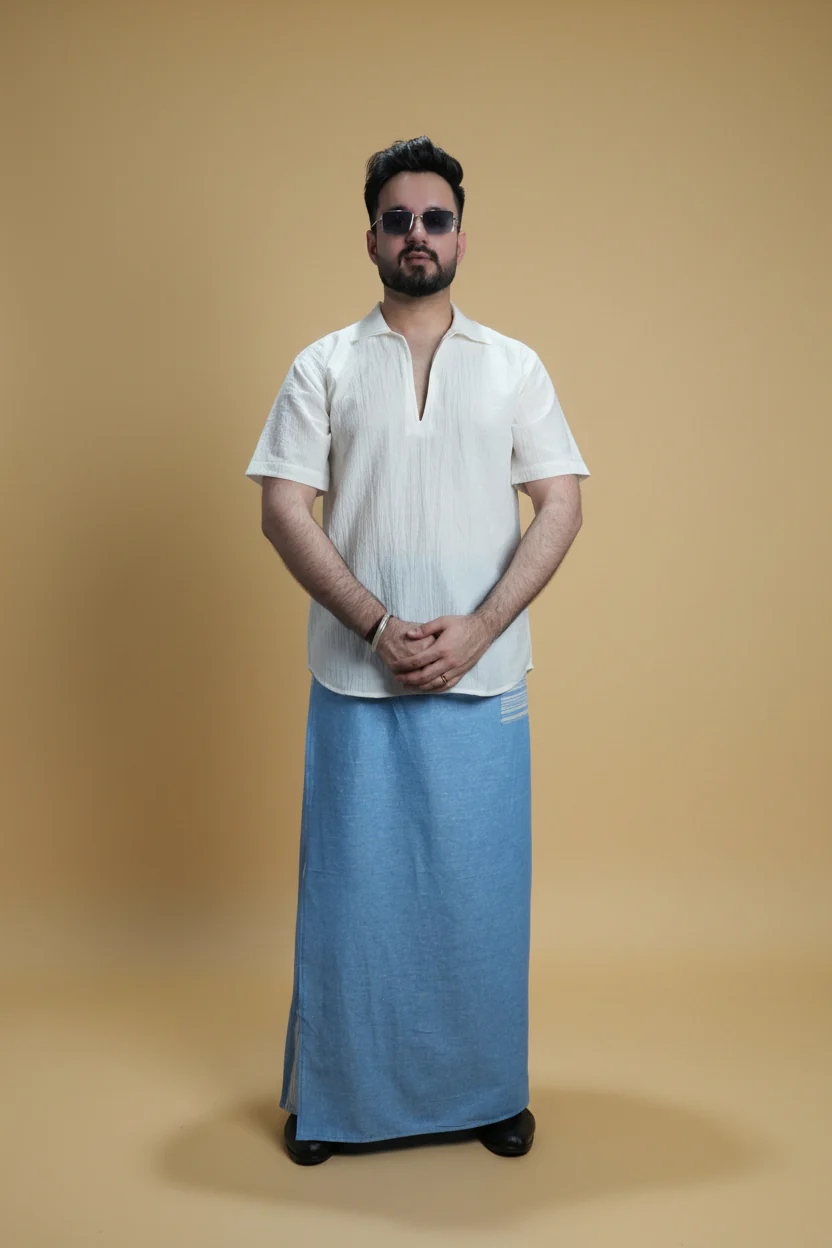 Men Light Blue Color Pajamalungi With Blue Stripe Panel - Image 5