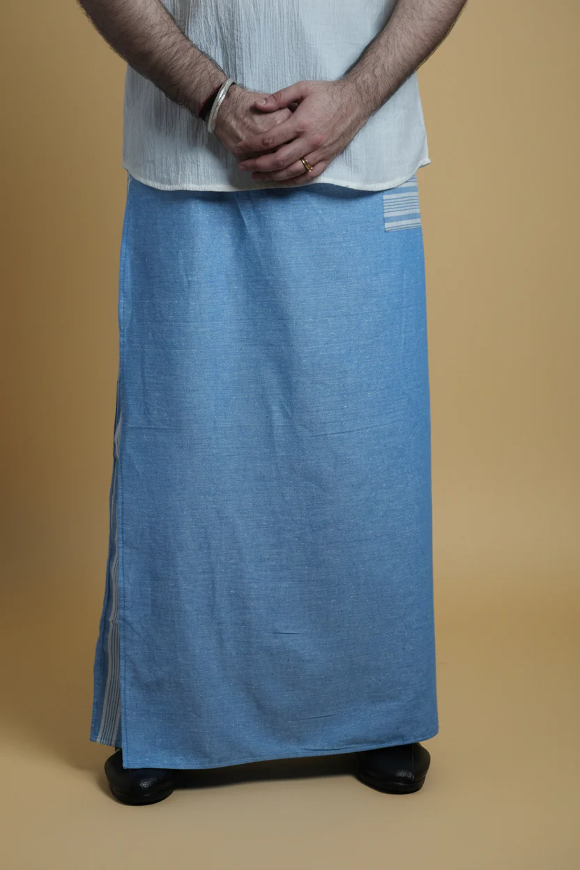 Men Light Blue Color Pajamalungi With Blue Stripe Panel - Image 6