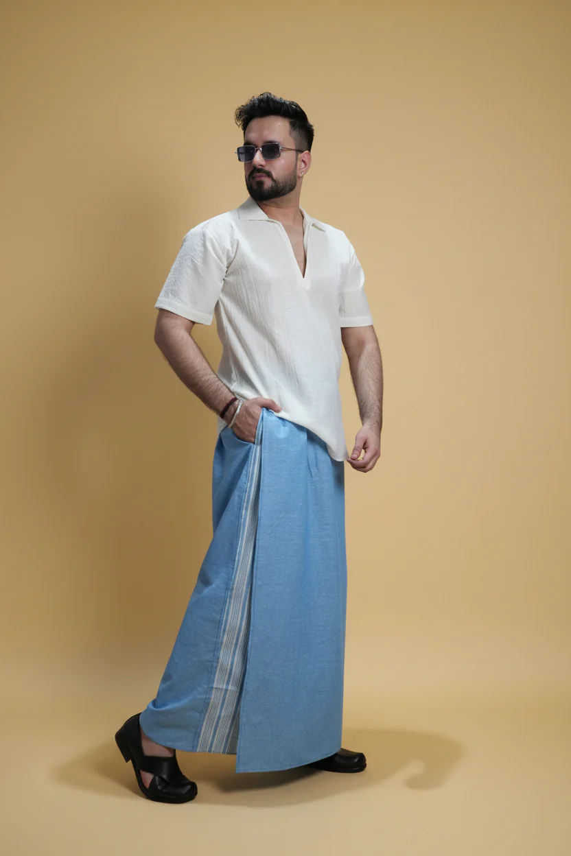 Men Light Blue Color Pajamalungi With Blue Stripe Panel - Image 7