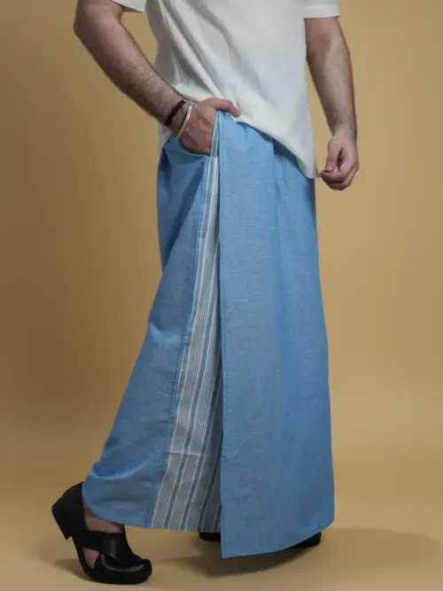 Men Light Blue Color Pajamalungi With Blue Stripe Panel