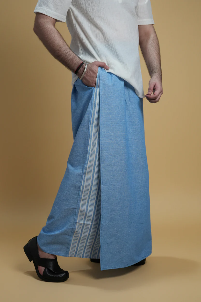 Men Light Blue Color Pajamalungi With Blue Stripe Panel