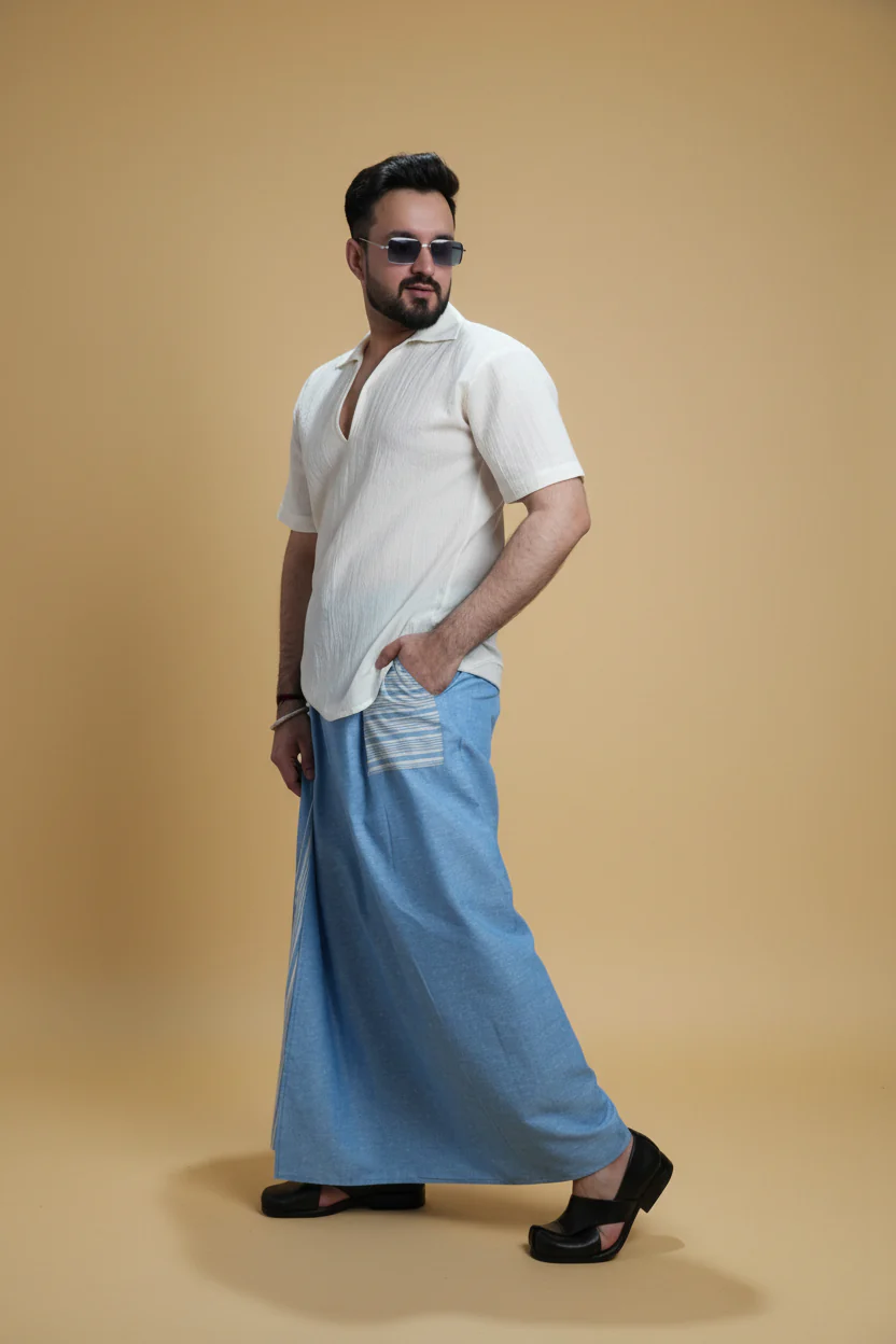 Men Light Blue Color Pajamalungi With Blue Stripe Panel - Image 8