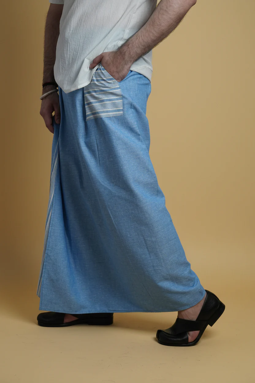 Men Light Blue Color Pajamalungi With Blue Stripe Panel - Image 4