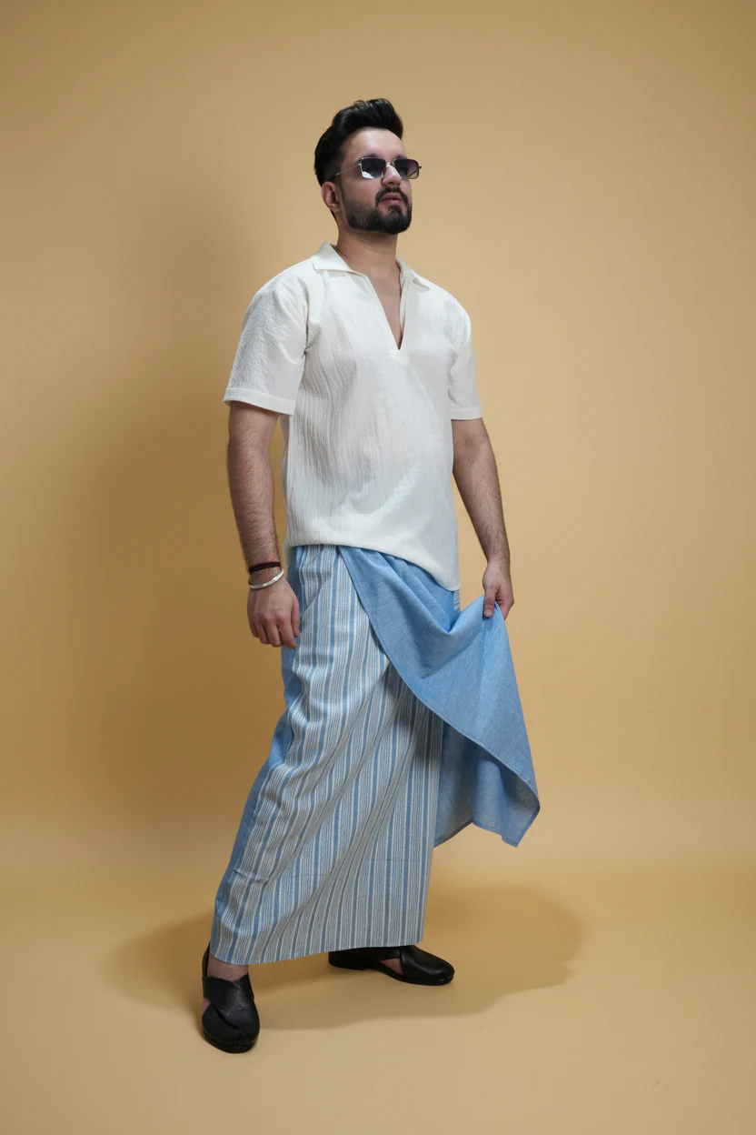 Men Light Blue Color Pajamalungi With Blue Stripe Panel - Image 3