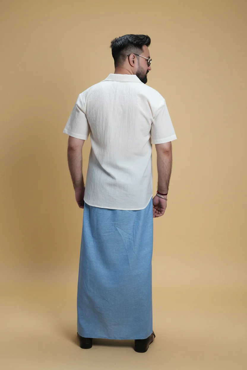 Men Light Blue Color Pajamalungi With Blue Stripe Panel - Image 2