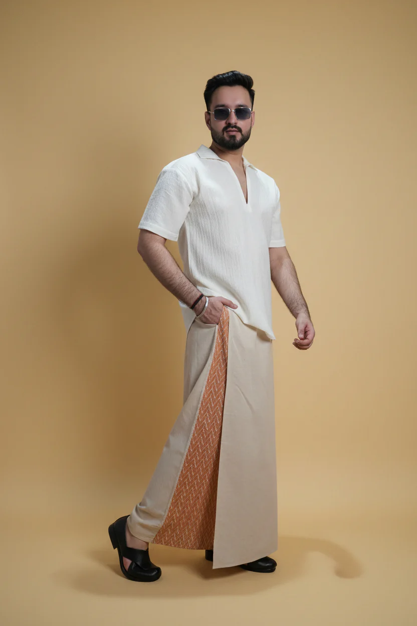 Men Beige Color Pajamalungi With Brown Embroidery 1 Panel - Image 4