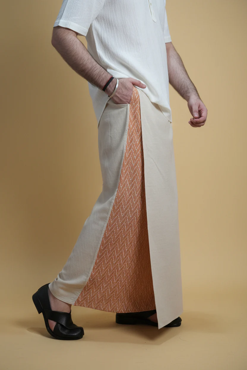 Men Beige Color Pajamalungi With Brown Embroidery 1 Panel - Image 2