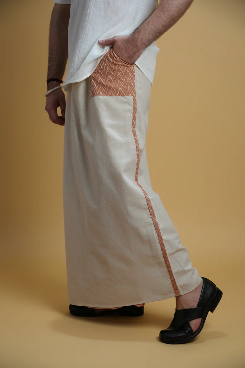 Men Beige Color Pajamalungi With Brown Embroidery 1 Panel - Image 3