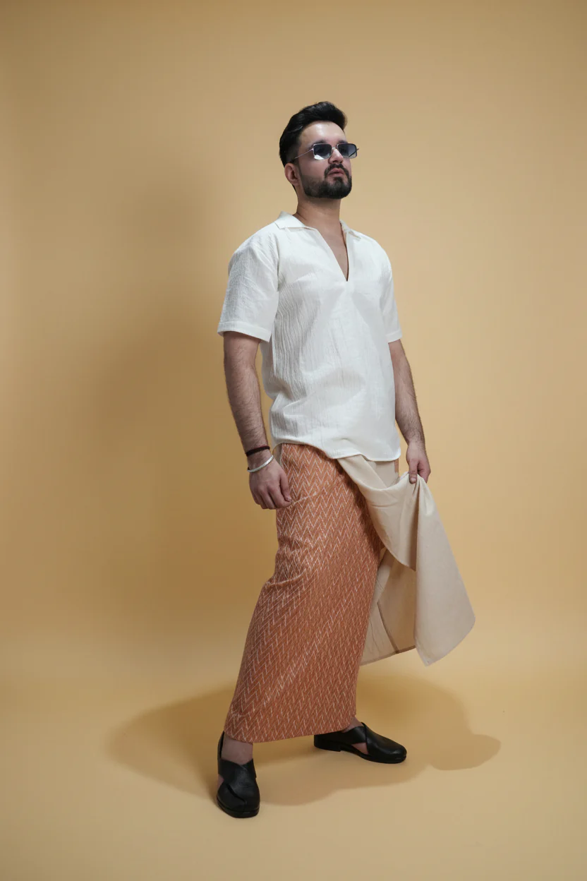 Men Beige Color Pajamalungi With Brown Embroidery 1 Panel - Image 6