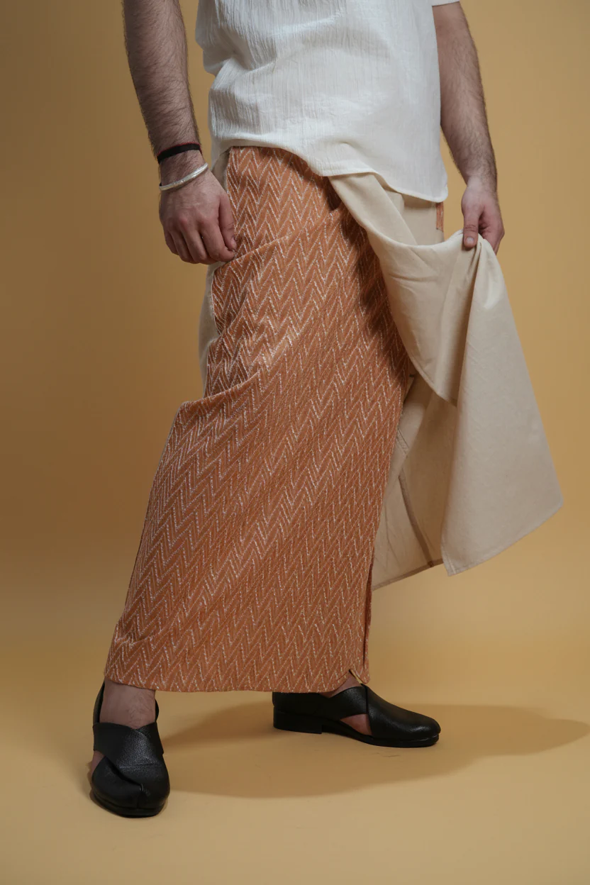 Men Beige Color Pajamalungi With Brown Embroidery 1 Panel