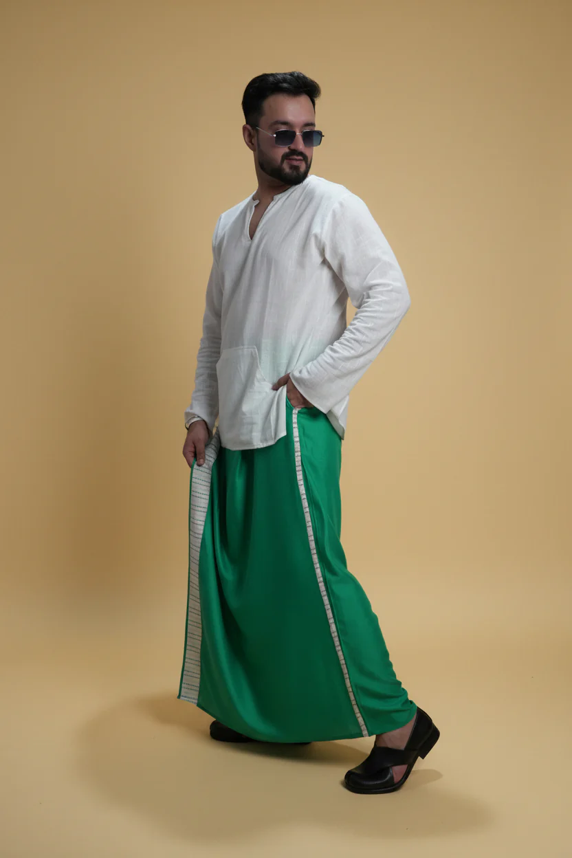 Men Green Colour Pajamalungi With White Stripe Panel - Image 6