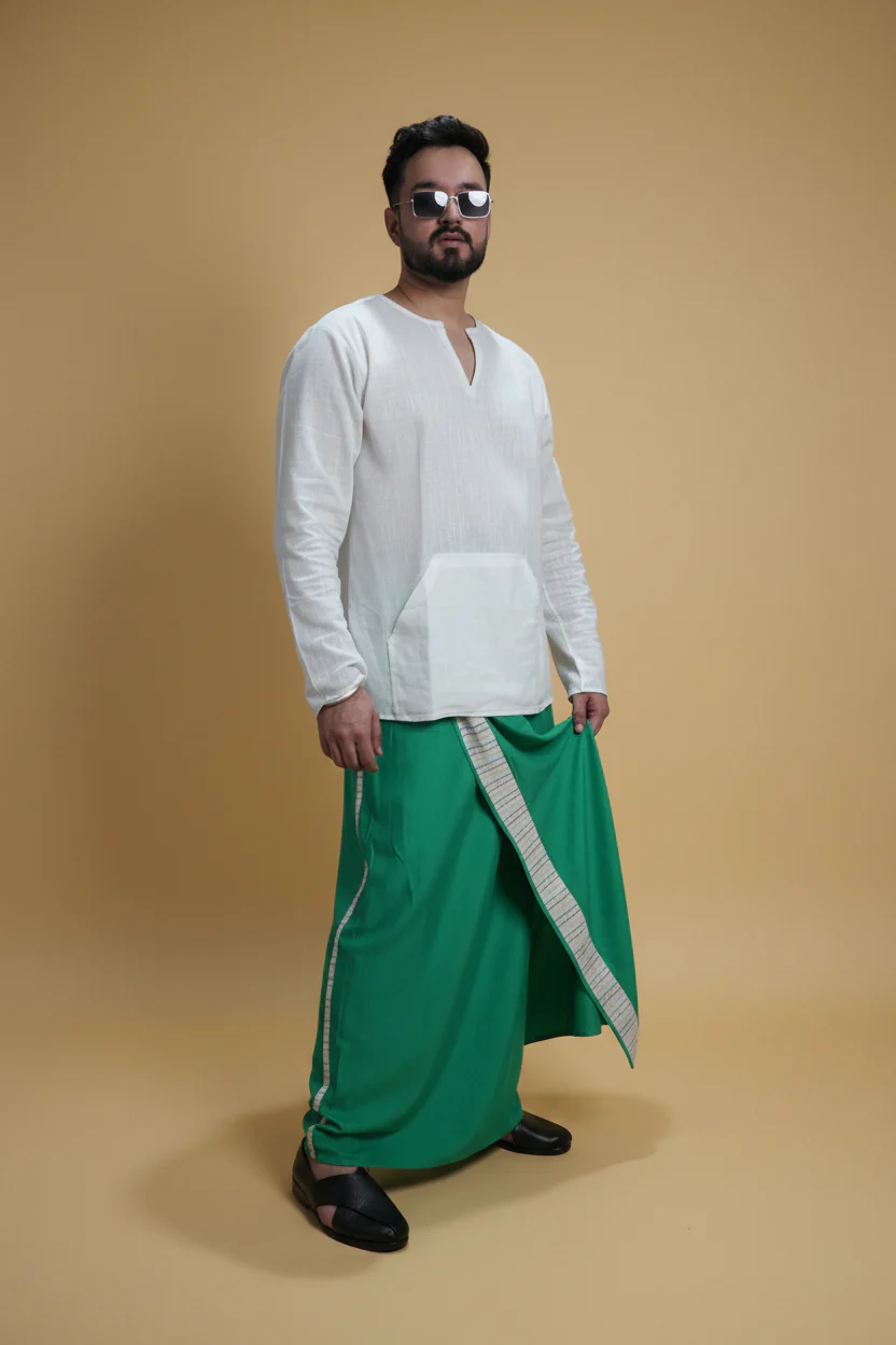 Men Green Colour Pajamalungi With White Stripe Panel - Image 7