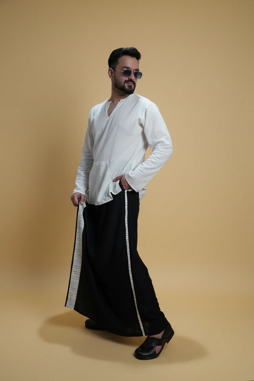 Men Black Colour Pajamalungi With White Stripe Panel - Image 4